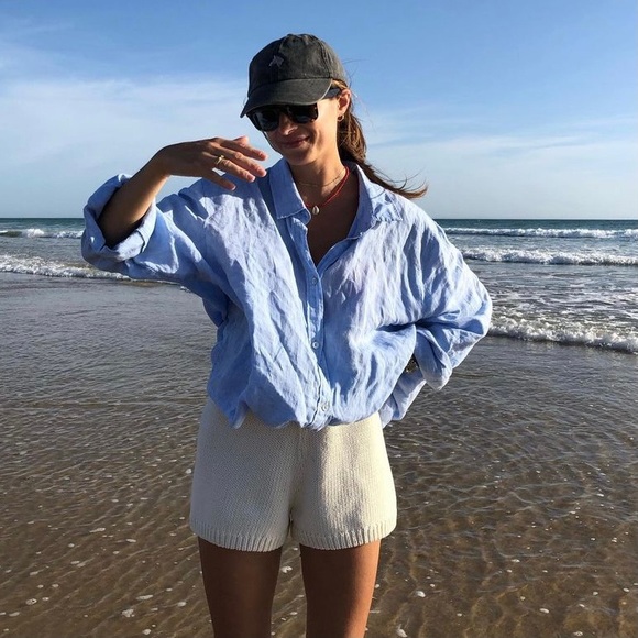 NEW Zara linen button down shirt blouse blogger style aritzia djerf avenue - Picture 6 of 6